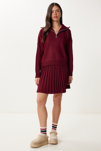 Happiness İstanbul Women's Burgundy Knitwear Sweater Skirt Set Pf00113