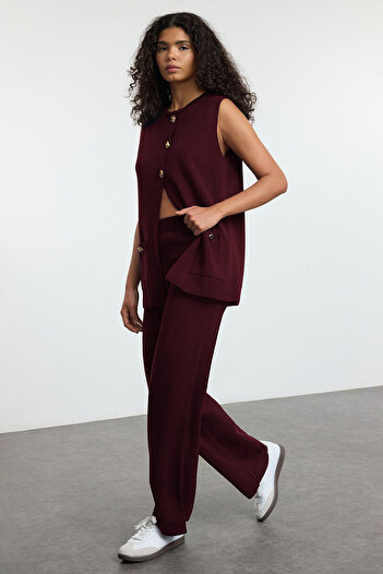 Trendyol Collection Vestă-pantaloni cu nasturi cu model lat prune Tricoturi Set de sus și de jos TWOAW25AU00084
