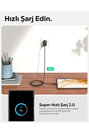 Spigen 65W USB-C Hızlı Şarj Aleti + 2m Şarj Kablo Samsung PPS 2.0 GaN Super Hızlı Type-C White - ACH05476