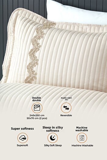 Evlen Home Collection 100% Cotton Double Bed Cover Mihrimah Lace Pique Set Beige