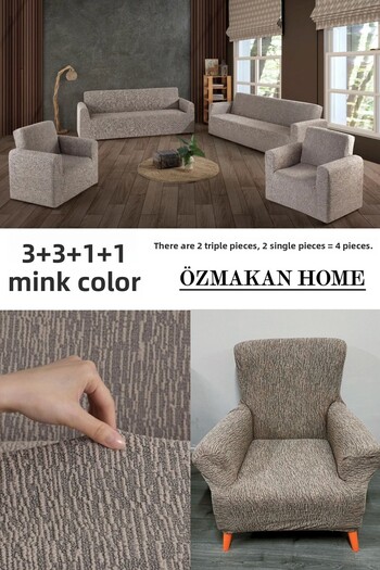 ÖZMAKAN Mink Colored Jacquard Sofa Cover Set - 3+3+1+1