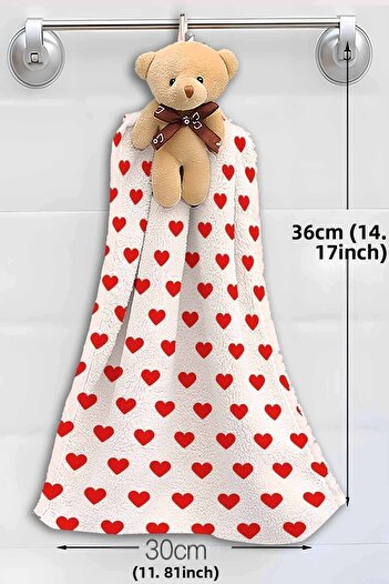 Else Dekor White Red Patterned Heart Teddy Bear Bathroom Kitchen Hand Towel 30x35 cm