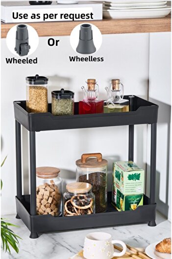 Bayev Clasy Black 2-Tier Rolling Kitchen Spice Rack with Wheels 2-Tier under Sink Organizer Bathroom Shelving Unit