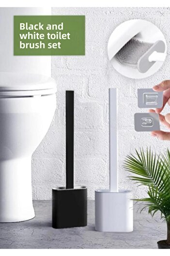MasterCar Set of 2 White and Black Color Silicone Toilet Brush Set Bendable Practical Silicone WC Toilet Bowl Brush