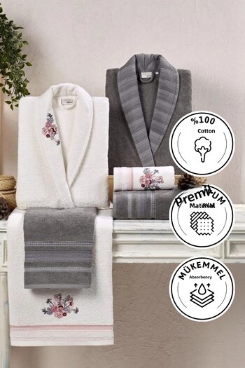 Taç Crystal Soft Cotton Embroidered 6 Piece Family Bathrobe Set Ecru-anthracite