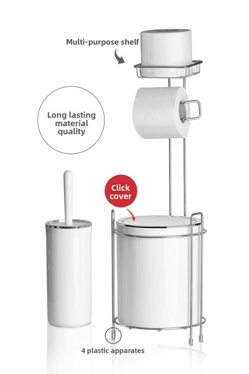 Okyanus Home Chrome Spare Toilet Paper Holder - Round White Trash Can and Toilet Brush Set