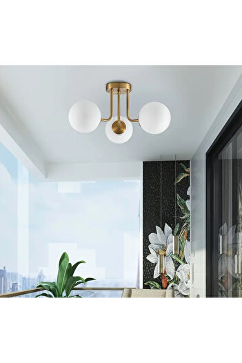 burenze Modern Tasarım Tavana Sıfır Emma Beyaz Glop Camlı Avize Salon Mutfak Oturma Odası Avize Eskitme Gold