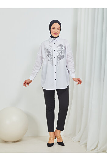 SAHRA BUTİK Heart Printed Puzzle Stone Tunic - White - Sahra Butik