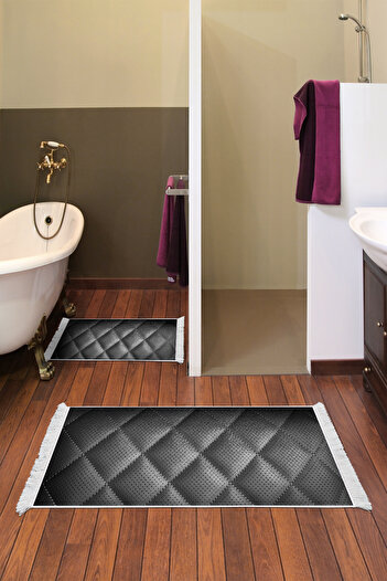 Alanur Home Non-Slip Base Djt Toilet Set Trend Fringed Geometric E5013 Black
