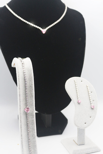 MOSSMOUR Pink Heart Stone Zircon Necklace Bracelet Earrings Special Occasion Wedding Engagement Gift Jewelry Set