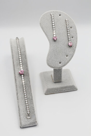 MOSSMOUR Pink Heart Stone Zircon Necklace Bracelet Earrings Special Occasion Wedding Engagement Gift Jewelry Set