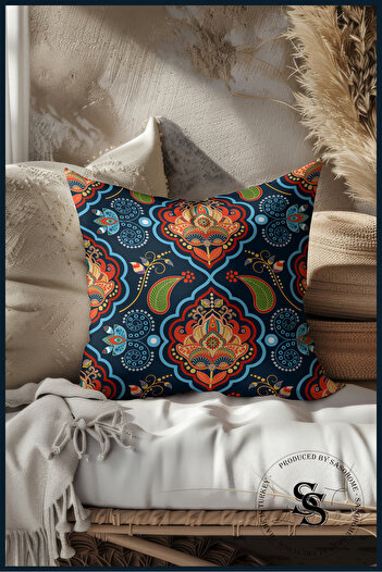 SasoHome Ethnic Series Navy Blue Ottoman Handcrafted Patterned 3D Digital Printed Throw Pillow Cover