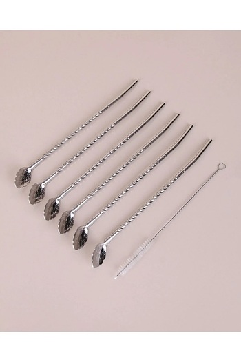 Tohana Steel Straw with Spoon 6pcs + Brush Cocktail Stirrer Cocktail Spoon Bar Cocktail Spoon 6pcs