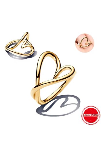Lines Bijuteri Gold Renk Kalp Doğal Şekilli Gümüş Yüzük