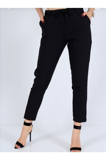 Lucia Fashion Women's Black Elastic Waist Carrot Cut Slim Leg Fabric Trousers with Side Pockets