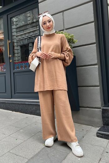 Maystore Steel Knitted Knitwear Tunic and Trousers Set - Balloon Sleeve