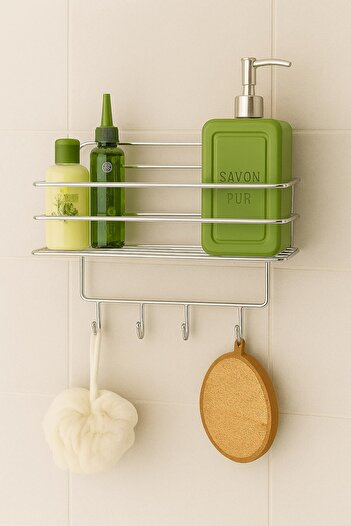 Sas Haus Stainless Chrome Adhesive Bathroom Shower Shelf Shampoo Holder with 4 Hooks, Durable, Stylish Organizer - Tş-01
