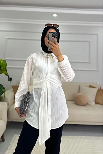 HİFADEN Γυναικείο μακρυμάνικο πουκάμισο Hijab με λεπτομέρεια ζώνης