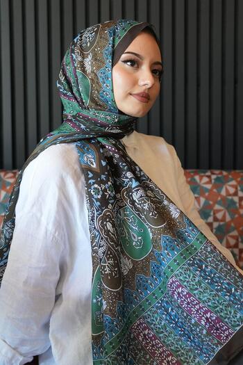 AFVENTE Mixed Motif Pattern Khaki Soft Cotton Shawl