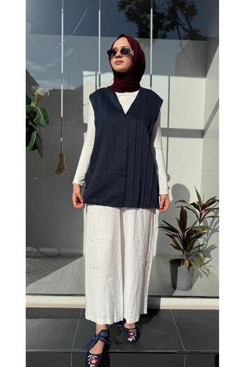 QOOQ STORE 25Ss609 Women's Serpent Vest with Stitching Detail Navy Blue