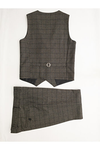 Micio Boy's Dark Gray Black Checkered Six Button Lined Vest Trousers Suit