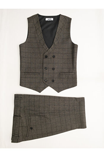 Micio Boy's Dark Gray Black Checkered Six Button Lined Vest Trousers Suit