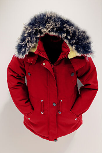 Asortik Kids Girls/Boys Children Unisex Winter Canvas Fabric Durable Over-The-Knee Fur Inside Hooded Red Coat Coats