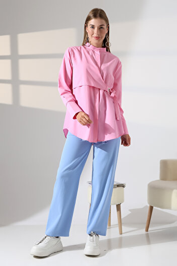 ensade Belted Plain Yellow Tunic Shirt - Hijab Compatible
