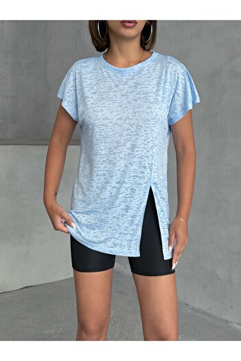 Miss Prova Soft Textured T-Shirt with Side Slits Blue Missts2522