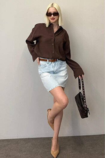 Madmext Καφέ μακρυμάνικο πουκάμισο Oversize MG2003