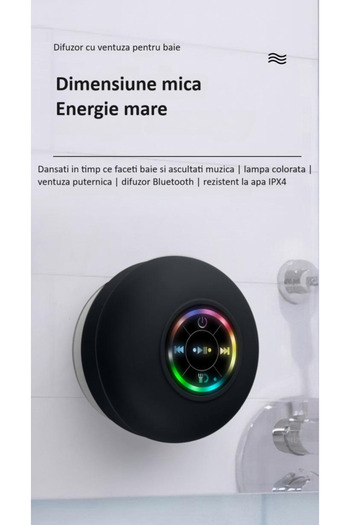 zyteq Boxa portabila ZYTEQ®️, Bluetooth 5.0, LED, wireless, IPX4, ventuza, baie, neagra