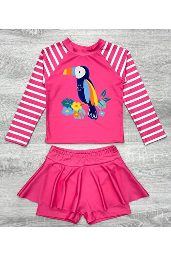 Lolliboomkids White Pink Color Lucky Toucan Bird Printed Long Sleeve Leggings with Skirt 2 Pieces Swimsuit / Bikini Set