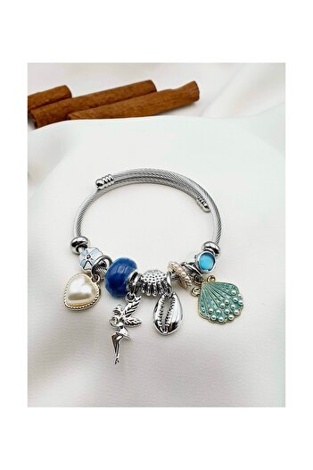 Vitastyle Pndora Steel Bracelet with Silver Blue Seashell Charm