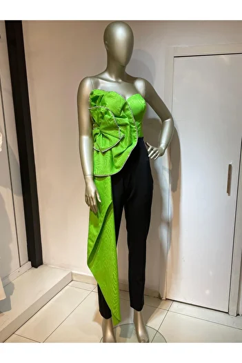 Robes Green Strapless Jewelled Heart Collar and Rose DeTailed Pipe Leg Evening Dress Jumpsuit