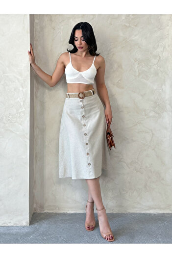 MD trend Women's Straw Belted Buttoned Midi Length Skirt