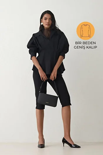 Setre Black V Neck Pleated Shirt Detailed Long Sleeve Wide Cut Blouse
