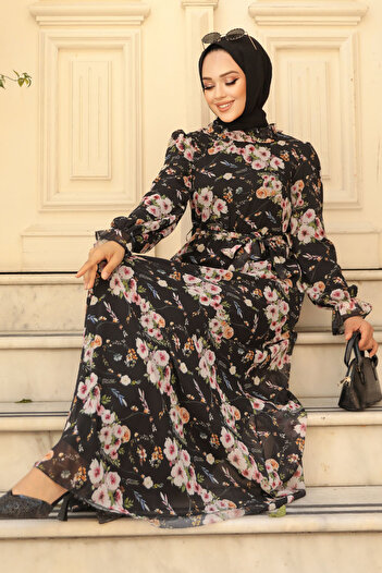 Neva Style Floral Patterned Black Hijab Dress 29711S