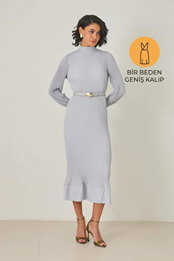 Setre Light Gray Pleated Detailed Midi Length Belted Dress