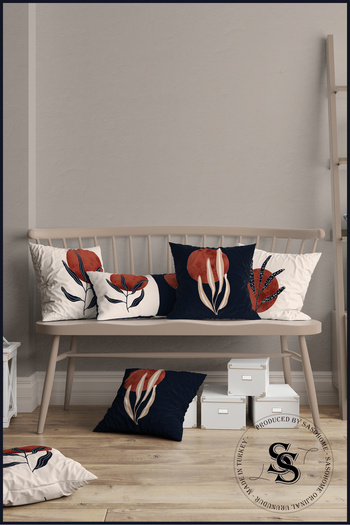 SasoHome Red Moon And Cream Plants Designed 4-Piece Digital Printed Throw Pillow Cover