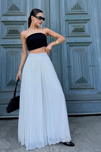 lodmela Elastic Waist Pleated Chiffon Trousers 6030-White
