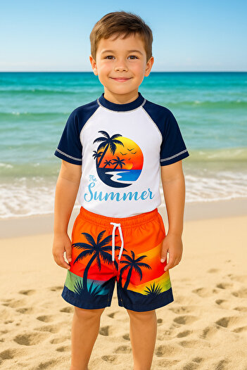 Lolliboomkids Boys' Palm Sunset - Summer Patterned T-shirt and Shorts Swimsuit Set