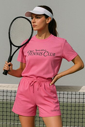Rich Women's Sporty Short Sleeve Crew Neck Oversize T-Shirt and Shorts Bottom Top Set Tennis Two Piece Set
