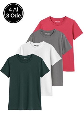 Rich Women's 4-Pack Anthracite-White-Grey-Pink Oversize T-Shirt 100% Cotton Crew Neck T-Shirt
