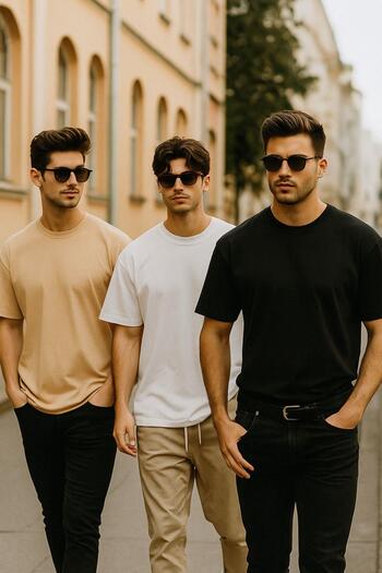 Rich Men's 3-Pack Black-White-Beige 100% Cotton Oversize T-Shirt Basic Crew Neck Short Sleeve T-Shirt