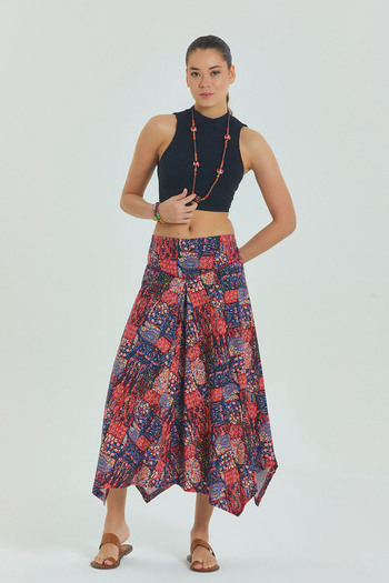 Los banditos Red Ethnic Patterned Skirt with Piping Detail and Asymmetrical Cut