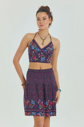 Los banditos Patterned Water Fabric Elastic Waist Bohemian Mini Skirt