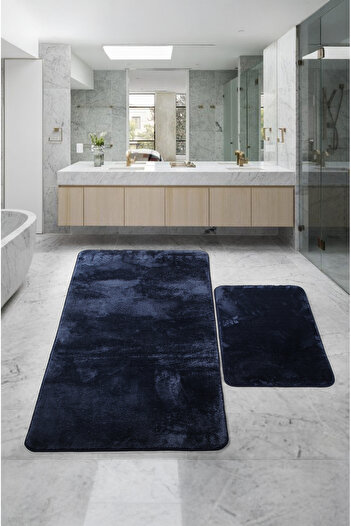 Bestekar Lunasoft Navy Blue Large Size Non-Slip Soft Machine Washable Double Modern Bath Mat Set