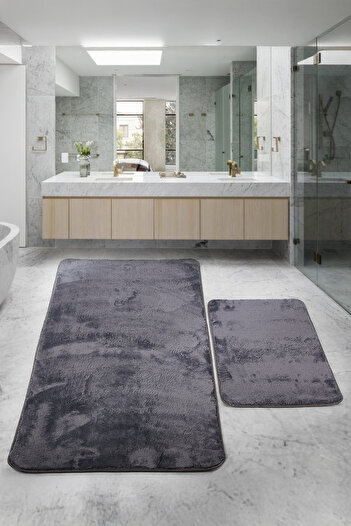 Bestekar Lunasoft Anthracite Large Size Non-Slip Based Soft Washable Modern Double Bathroom Mat Set