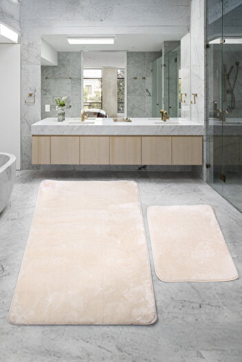 Bestekar Lunasoft Cream Large Size Non-Slip Absorbent Soft Machine Washable Double Modern Bathroom Mat Set