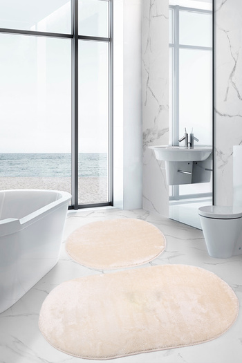 Bestekar Lunasoft Cream Oval Modern Soft Machine Washable Non-Slip Luxury 2-Piece Bathroom Mat Set